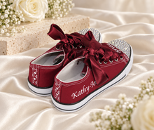 Load image into Gallery viewer, Personalised Bridal Trainers with Crystal Toes and Satin Ribbon Laces
