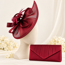 Load image into Gallery viewer, Burgundy Fascinator and Satin Clutch Bag Set
