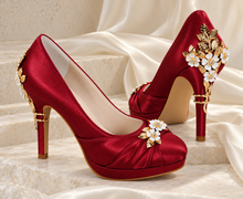 Load image into Gallery viewer, Burgundy Satin Cherry Blossom Wedding Shoes | Three Heel Heights
