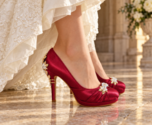 Load image into Gallery viewer, Burgundy Satin Cherry Blossom Wedding Shoes | Three Heel Heights
