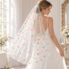 Load image into Gallery viewer, Embroidered Butterfly Wedding Veil – 3D Silk Butterflies &amp; Leaves

