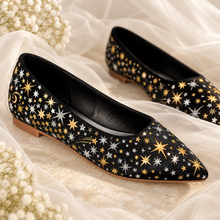 Load image into Gallery viewer, Black Celestial Bridal Flats – Hand-Painted Pointed Wedding Shoes
