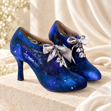 Load image into Gallery viewer, Hand-Painted Celestial Wedding Shoes – Blue Galaxy Lace-Up Heels
