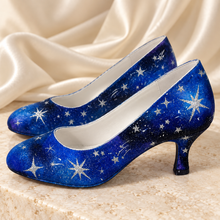 Load image into Gallery viewer, Hand-Painted Celestial Wedding Shoes – Blue Galaxy Low Heels
