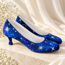Load image into Gallery viewer, Hand-Painted Celestial Wedding Shoes – Blue Galaxy Low Heels
