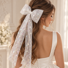Load image into Gallery viewer, Celestial Star Bridal Hair Bow – Iridescent Wedding Hair Bow
