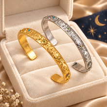 Load image into Gallery viewer, Celestial Moon &amp; Star Open Cuff Bangle – Silver or Gold
