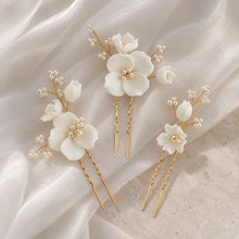 Load image into Gallery viewer, Ceramic Flower Bridal Hairpins | Set of 3 | Gold or Silver
