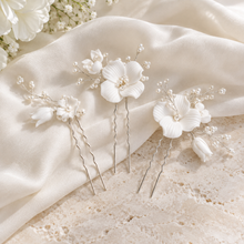 Load image into Gallery viewer, Ceramic Flower Bridal Hairpins | Set of 3 | Gold or Silver
