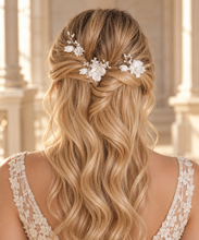 Load image into Gallery viewer, Ceramic Flower Bridal Hairpins | Set of 3 | Gold or Silver
