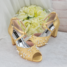 Load image into Gallery viewer, Pearl Detail Satin Bridal Sandals with Block Heels
