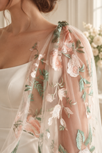 Load image into Gallery viewer, Champagne Floral Embroidered Bridal Cape | Shoulder Veil
