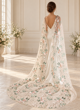 Load image into Gallery viewer, Champagne Floral Embroidered Bridal Cape | Shoulder Veil
