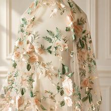 Load image into Gallery viewer, Champagne Floral Embroidered Bridal Cape | Shoulder Veil

