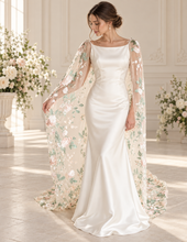 Load image into Gallery viewer, Champagne Floral Embroidered Bridal Cape | Shoulder Veil
