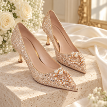 Load image into Gallery viewer, Champagne Gold Glitter Wedding Shoes with Pearl &amp; Crystal Detail
