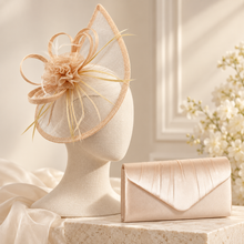 Load image into Gallery viewer, Champagne Satin Fascinator and Clutch Bag Set | Wedding Guest Accessories
