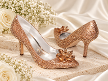 Load image into Gallery viewer, Champagne Gold Crystal Wedding Shoes – Pointed Toe Cinderella Bridal Heels
