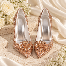 Load image into Gallery viewer, Champagne Gold Crystal Wedding Shoes – Pointed Toe Cinderella Bridal Heels
