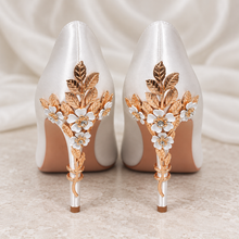 Load image into Gallery viewer, Cherry Blossom Satin Bridal Shoes | Gold Floral Heels
