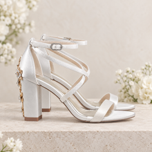 Load image into Gallery viewer, Cherry Blossom Satin Bridal Sandals – 8 cm Block Heel Wedding Shoes
