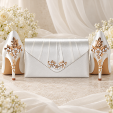 Load image into Gallery viewer, Ivory Cherry Blossom Satin Clutch Bag – Handmade Wedding &amp; Occasion Bag in Your Choice of Colour
