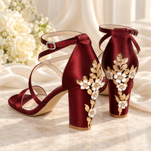 Load image into Gallery viewer, Cherry Blossom Satin Block Heel Bridal Sandals
