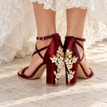 Load image into Gallery viewer, Cherry Blossom Satin Block Heel Bridal Sandals
