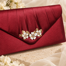 Load image into Gallery viewer, Burgundy Cherry Blossom Satin Clutch Bag – Handmade Wedding &amp; Occasion Bag in Your Choice of Colour
