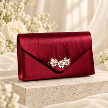 Load image into Gallery viewer, Burgundy Cherry Blossom Satin Clutch Bag – Handmade Wedding &amp; Occasion Bag in Your Choice of Colour
