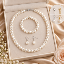 Load image into Gallery viewer, Classic 10 mm Pearl Bridal Jewellery Set – Necklace, Bracelet &amp; Earrings
