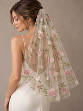 Load image into Gallery viewer, Pink &amp; White Floral Embroidered Bridal Veil – 100cm – Sale
