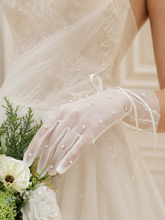 Load image into Gallery viewer, Pearl Tulle Bridal Gloves with Ribbon Ties
