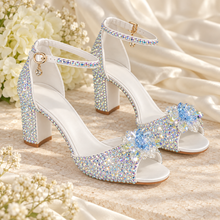 Load image into Gallery viewer, Crystal Bridal Sandals with Flower Detail &amp; 8cm Block Heels
