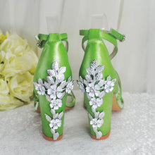 Load image into Gallery viewer, Blue Satin Cherry Blossom Block Heels
