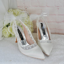 Load image into Gallery viewer, Ivory Satin Sling Backs - Bridal Shoes with Pearl Hearts and Organza Bow
