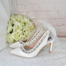 Load image into Gallery viewer, Ivory Satin Sling Backs - Bridal Shoes with Pearl Hearts and Organza Bow

