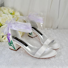 Load image into Gallery viewer, Ivory Satin Bridal Sandals with Blue Floral Embroidery
