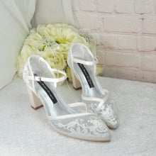 Load image into Gallery viewer, Ivory Block Heel or Low Kitten Heel Wedding Shoes with Floral Lace Appliqué
