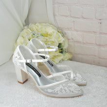 Load image into Gallery viewer, Ivory Block Heel or Low Kitten Heel Wedding Shoes with Floral Lace Appliqué
