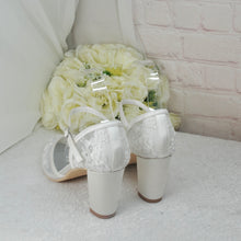 Load image into Gallery viewer, Ivory Block Heel or Low Kitten Heel Wedding Shoes with Floral Lace Appliqué
