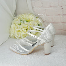 Load image into Gallery viewer, Ivory Block Heel or Low Kitten Heel Wedding Shoes with Floral Lace Appliqué
