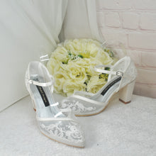 Load image into Gallery viewer, Ivory Block Heel or Low Kitten Heel Wedding Shoes with Floral Lace Appliqué
