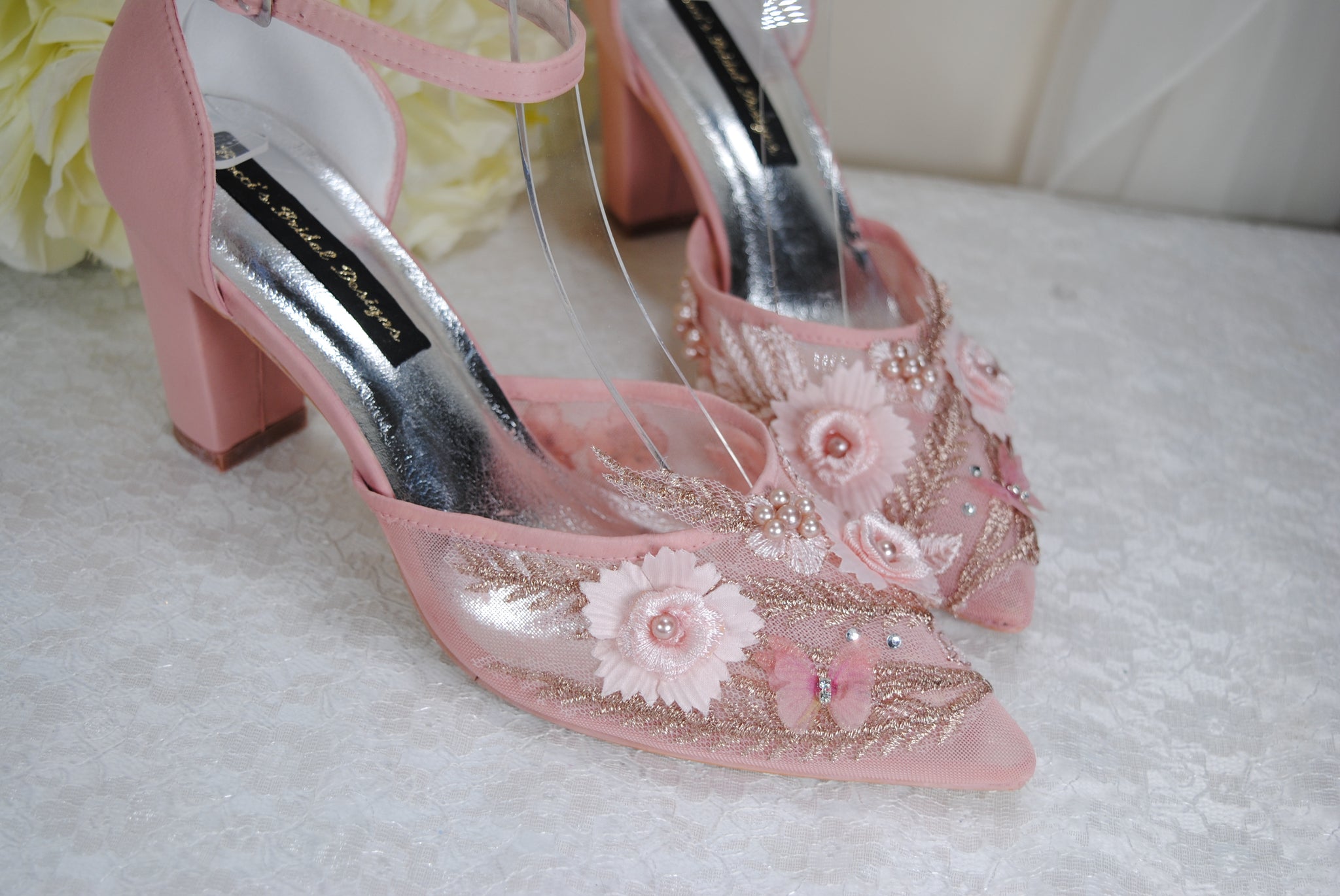 Blush Pink with Rose Gold Butterfly Block Heels – Becci's Bridal Designs