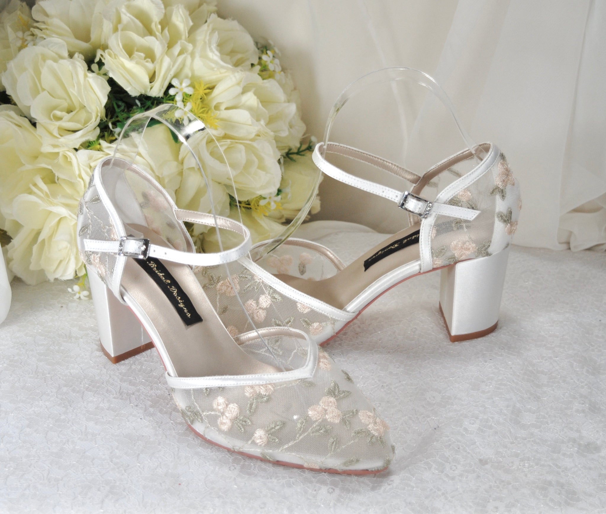 Embroidered Low Block Heels with Ankle Strap | David's Bridal