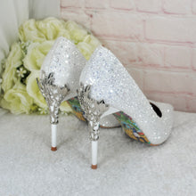 Load image into Gallery viewer, Belle-Inspired Glitter Bridal Shoes | Metal Leaf Wedding Heels
