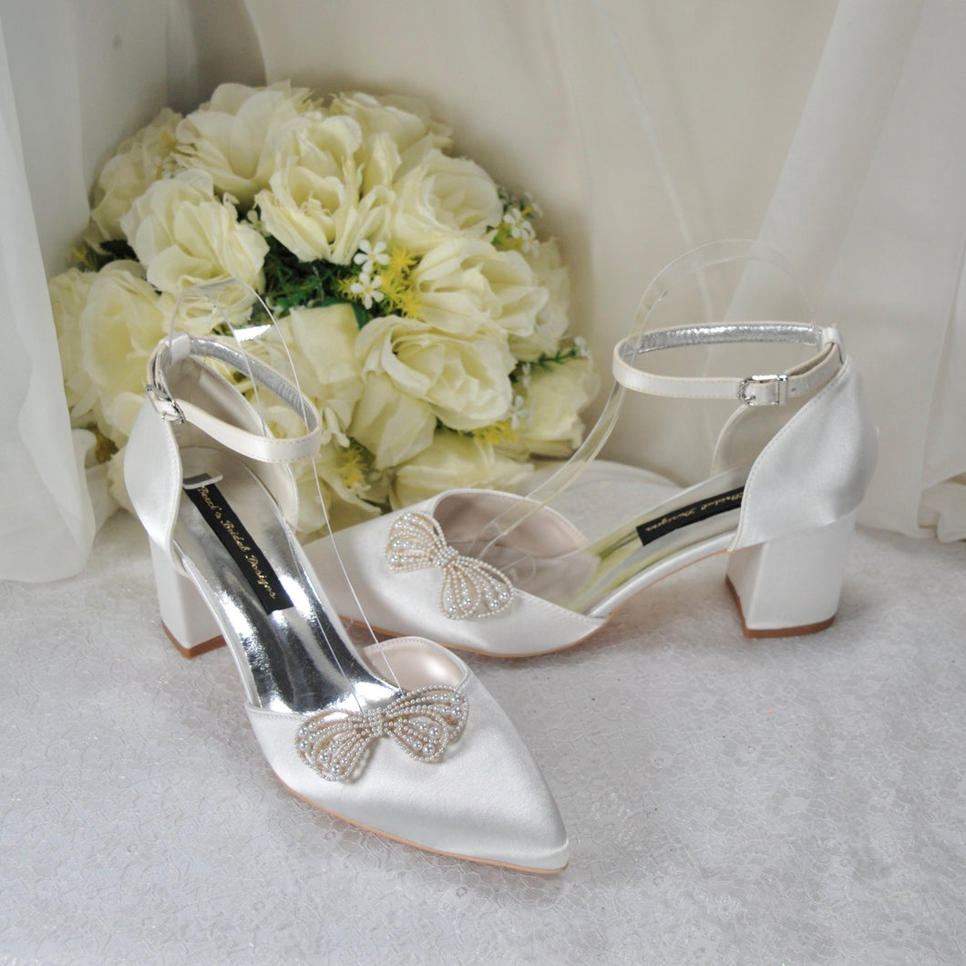 Block Heels with Pearl Bow