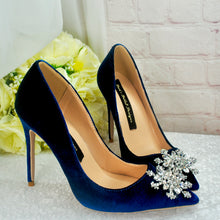Load image into Gallery viewer, Winter Midnight Blue Velvet Bridal Shoes | Crystal Snowflake Heels
