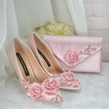 Load image into Gallery viewer, Blush Pink Sparkling Flora Embroidery Heels with Fascinator Hat and Clutch Bag. Matching Bridal Set
