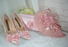 Load image into Gallery viewer, Blush Pink Sparkling Flora Embroidery Heels with Fascinator Hat and Clutch Bag. Matching Bridal Set
